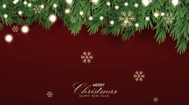 Mutlu Noeller ve mutlu yıllar tebrik kartı posteri. Noel 'in zarif davetiye şablonu. Noel ve Mutlu Yeni Yıl dekorasyon sınırında köknar dalları.