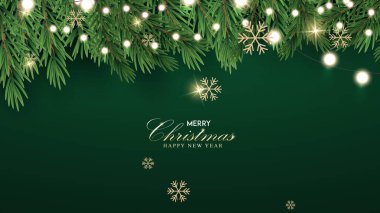 Mutlu Noeller ve mutlu yıllar tebrik kartı posteri. Noel 'in zarif davetiye şablonu. Noel ve Mutlu Yeni Yıl dekorasyon sınırında köknar dalları.