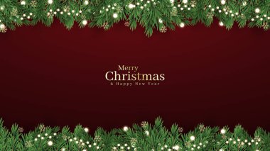 Mutlu Noeller ve mutlu yıllar tebrik kartı posteri. Noel 'in zarif davetiye şablonu. Noel ve Mutlu Yeni Yıl dekorasyon sınırında köknar dalları.