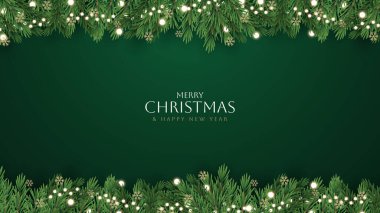 Mutlu Noeller ve mutlu yıllar tebrik kartı posteri. Noel 'in zarif davetiye şablonu. Noel ve Mutlu Yeni Yıl dekorasyon sınırında köknar dalları.