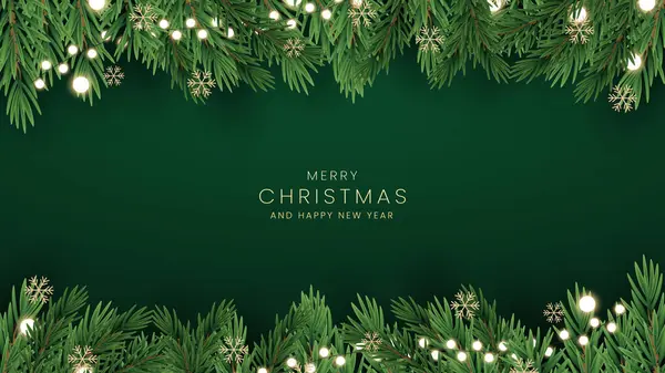 Mutlu Noeller ve mutlu yıllar tebrik kartı posteri. Noel 'in zarif davetiye şablonu. Noel ve Mutlu Yeni Yıl dekorasyon sınırında köknar dalları.