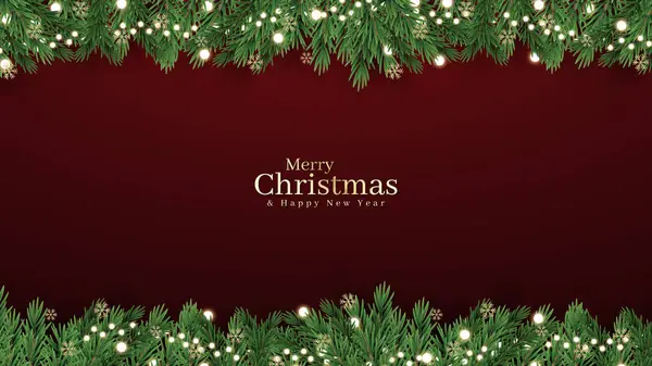 Mutlu Noeller ve mutlu yıllar tebrik kartı posteri. Noel 'in zarif davetiye şablonu. Noel ve Mutlu Yeni Yıl dekorasyon sınırında köknar dalları.