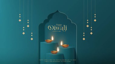 Mutlu bayramlar. Dekoratif diya lambasıyla renkli poster tasarımı festivali. Vektör çizimi. Hint ışık festivali Mutlu Diwali, tatil geçmişi, Diwali kutlaması.