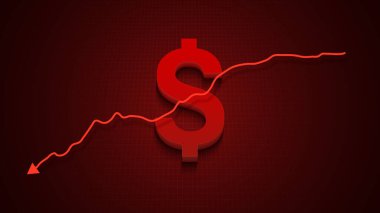 Grafik ve yeşil arka planla dolar değeri azalır. ABD Doları vektör illüstrasyonunu azaltıyor. Kırmızı çizelge renk arkaplan üzerinde bir grup aşağı eğilim ok ve dolar işareti ile mali grafik.