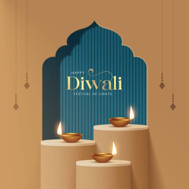 Mutlu bayramlar. Dekoratif diya lambasıyla renkli poster tasarımı festivali. Vektör çizimi. Hint ışık festivali Mutlu Diwali, tatil geçmişi, Diwali kutlaması.