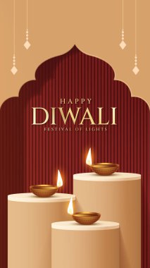 Mutlu bayramlar. Dekoratif diya lambasıyla renkli poster tasarımı festivali. Vektör çizimi. Hint ışık festivali Mutlu Diwali, tatil geçmişi, Diwali kutlaması.