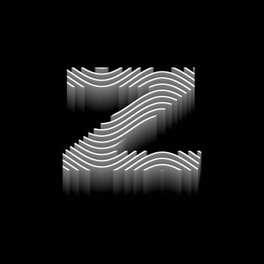 Kara Arkaplan Üzerine Minimalist Dalgalı 3 boyutlu Harf Alfabesi. Siyah Arkaplanda Dalgalı Çizgili Çizgilerle 3D Katmanlı Harf Tasarımı.