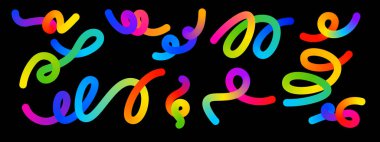 Renkli Kıvrımlı Tasarımların Akışkan Dalga Elementleri. Parlak Renklerle Dalgalı Çizgilerle Vektör Grafiksel Deseni. Renkli Gökkuşağı Soyut Gradyan Şekilleri Ayarlandı.