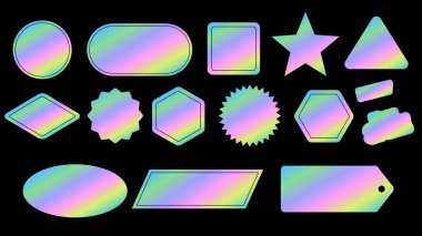 Çıkartma hologram amblem holografik etiketi ayarlandı. renkli neon çıkartmalar, etiketli holografik etiketler. Holografik çıkartmalar. Farklı şekillerin hologram etiketleri. 