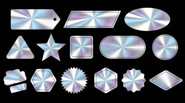 Çıkartma hologram amblem holografik etiketi ayarlandı. renkli neon çıkartmalar, etiketli holografik etiketler. Holografik çıkartmalar. Farklı şekillerin hologram etiketleri. 