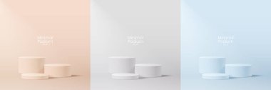 Soyut asgari sahne. Yumuşak malzeme tabanlı minimal podyum. Yumuşak podyum sahneleri ve kapakları yuvarlak ve kare şeklinde altın kaplamalı ürün sergi platformu. 
