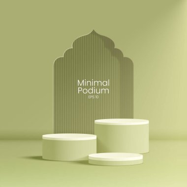 Soyut asgari sahne. Yumuşak malzeme tabanlı minimal podyum. Yumuşak podyum sahneleri ve kapakları yuvarlak ve kare şeklinde altın kaplamalı ürün sergi platformu. 