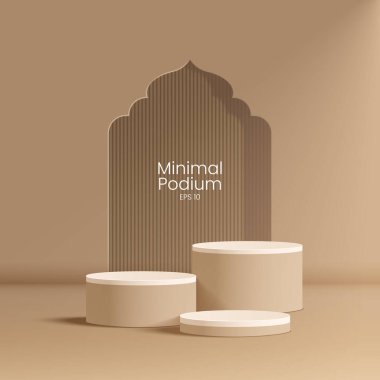 Soyut asgari sahne. Yumuşak malzeme tabanlı minimal podyum. Yumuşak podyum sahneleri ve kapakları yuvarlak ve kare şeklinde altın kaplamalı ürün sergi platformu. 