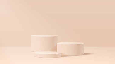 Soyut asgari sahne. Yumuşak malzeme tabanlı minimal podyum. Yumuşak podyum sahneleri ve kapakları yuvarlak ve kare şeklinde altın kaplamalı ürün sergi platformu. 