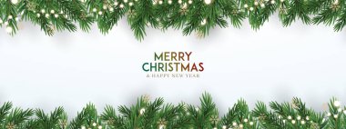 Mutlu Noeller ve mutlu yıllar tebrik kartı posteri. Noel 'in zarif davetiye şablonu. Noel ve Mutlu Yeni Yıl dekorasyon sınırında köknar dalları.