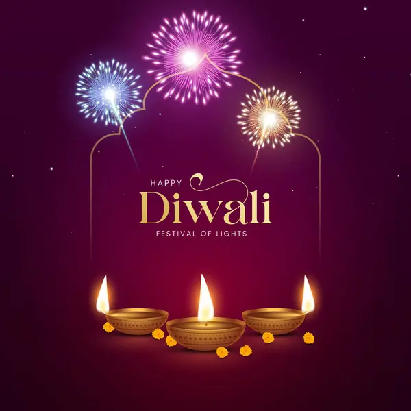 Mutlu bayramlar. Dekoratif diya lambasıyla renkli poster tasarımı festivali. Vektör çizimi. Hint ışık festivali Mutlu Diwali, tatil geçmişi, Diwali kutlaması.
