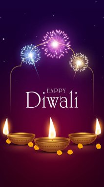 Mutlu bayramlar. Dekoratif diya lambasıyla renkli poster tasarımı festivali. Vektör çizimi. Hint ışık festivali Mutlu Diwali, tatil geçmişi, Diwali kutlaması.