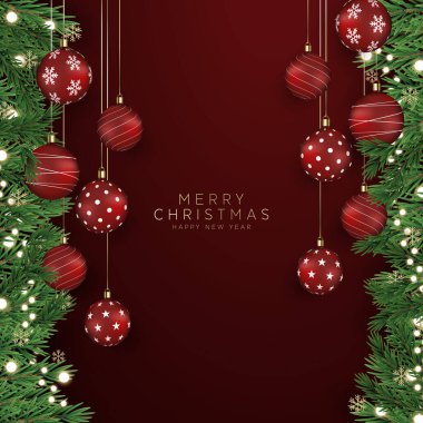 Noel dekorasyon sınırında köknar dalları ve Noel ışıkları arka planda. Parlak Noel ve Yeni Yıl tasarımı tatil çerçevesi. Yeşil ve altın köknar dalları, altın ışıklar vektör illüstrasyonu.