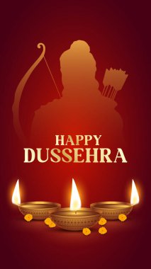 Hindistan Dussehra Festivali kutlu olsun. Lord Rama Ravana 'yı öldürüyor. Vektör çizimi. Dussehra Vijayadashami dusera festivali.  