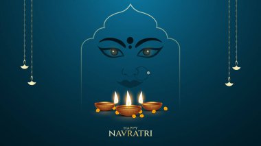 Hintli Hindu tanrısı Durga eli Mutlu Durga Puja Subh Navratri. Vektör çizimi. Neşeli tasarım elementleriyle Mutlu Navratri Tasarımı. Renkli Navratri selamları. Çeviri Mutlu Navratri.