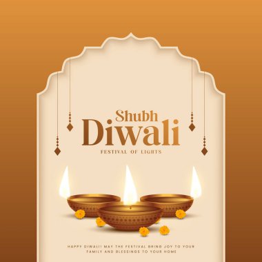 Mutlu bayramlar. Dekoratif diya lambasıyla renkli poster tasarımı festivali. Vektör çizimi. Hint ışık festivali Mutlu Diwali, tatil geçmişi, Diwali kutlaması.