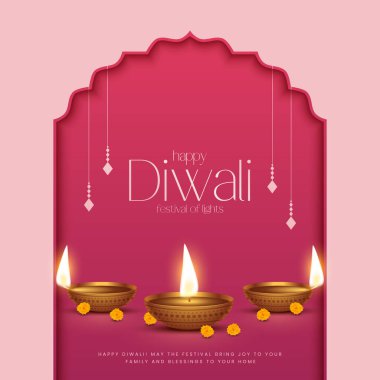 Mutlu bayramlar. Dekoratif diya lambasıyla renkli poster tasarımı festivali. Vektör çizimi. Hint ışık festivali Mutlu Diwali, tatil geçmişi, Diwali kutlaması.