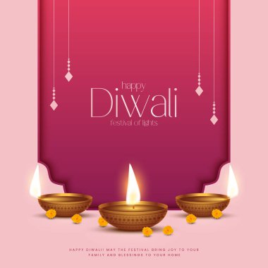 Mutlu bayramlar. Dekoratif diya lambasıyla renkli poster tasarımı festivali. Vektör çizimi. Hint ışık festivali Mutlu Diwali, tatil geçmişi, Diwali kutlaması.