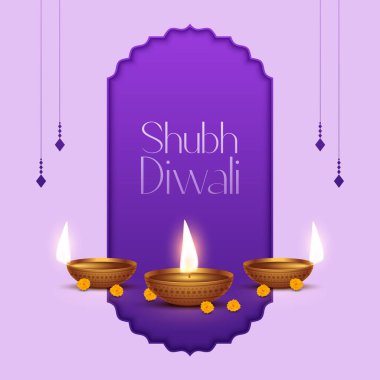 Mutlu bayramlar. Dekoratif diya lambasıyla renkli poster tasarımı festivali. Vektör çizimi. Hint ışık festivali Mutlu Diwali, tatil geçmişi, Diwali kutlaması.