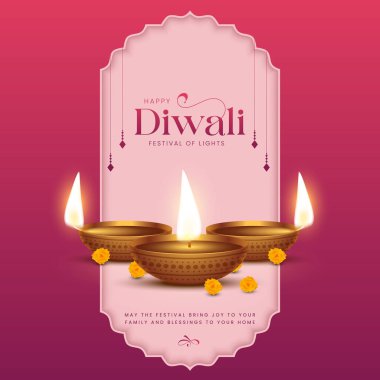 Mutlu bayramlar. Dekoratif diya lambasıyla renkli poster tasarımı festivali. Vektör çizimi. Hint ışık festivali Mutlu Diwali, tatil geçmişi, Diwali kutlaması.