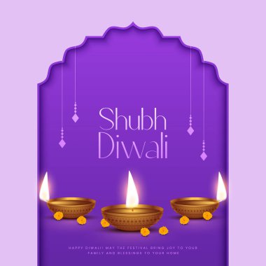 Mutlu bayramlar. Dekoratif diya lambasıyla renkli poster tasarımı festivali. Vektör çizimi. Hint ışık festivali Mutlu Diwali, tatil geçmişi, Diwali kutlaması.
