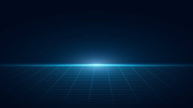 Eğri 3D Evre Teknoloji Ağı. Perspektif Şebeke Katı. VR Sanal Gerçeklik Metaverse Ortamı. Aydınlık efekt vektör illüstrasyonlu soyut Karanlık Yüzey.