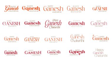 Mutlu Ganesh Chaturthi Kaligrafi, Typography Set. Mutlu Ganesh Chaturthi vektör çizimi için güzel ve yaratıcı hat seti.
