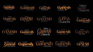 Mutlu Ganesh Chaturthi Kaligrafi, Typography Set. Mutlu Ganesh Chaturthi vektör çizimi için güzel ve yaratıcı hat seti.