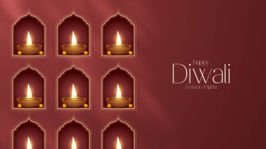 Mutlu bayramlar. Dekoratif diya lambasıyla renkli poster tasarımı festivali. Vektör çizimi. Hint ışık festivali Mutlu Diwali, tatil geçmişi, Diwali kutlaması.