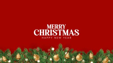 Noel süsleri, Noel baloları, köknar dalları ve Noel ışıkları arka planında çanlar. Parlak Noel ve Yeni Yıl tasarımı tatil çerçevesi. 