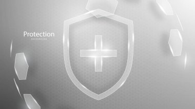 Koruma kalkanı. Sağlık hizmetleri. Sigortacılık. Mavi arkaplanda altıgen desenli şeffaf küre kalkanı içinde İşaretleme simgesi olan koruma kalkanı. 