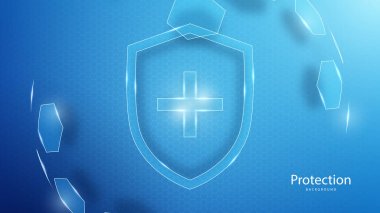 Koruma kalkanı. Sağlık hizmetleri. Sigortacılık. Mavi arkaplanda altıgen desenli şeffaf küre kalkanı içinde İşaretleme simgesi olan koruma kalkanı. 