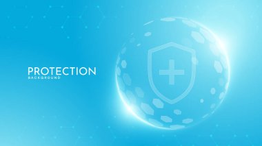Koruma kalkanı. Sağlık hizmetleri. Sigortacılık. Mavi arkaplanda altıgen desenli şeffaf küre kalkanı içinde İşaretleme simgesi olan koruma kalkanı. 