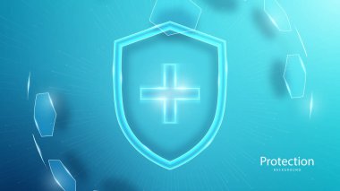 Koruma kalkanı. Sağlık hizmetleri. Sigortacılık. Mavi arkaplanda altıgen desenli şeffaf küre kalkanı içinde İşaretleme simgesi olan koruma kalkanı. 