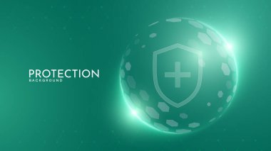 Koruma kalkanı. Sağlık hizmetleri. Sigortacılık. Mavi arkaplanda altıgen desenli şeffaf küre kalkanı içinde İşaretleme simgesi olan koruma kalkanı. 