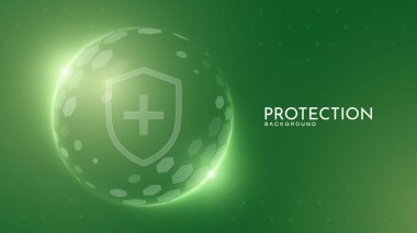 Koruma kalkanı. Sağlık hizmetleri. Sigortacılık. Mavi arkaplanda altıgen desenli şeffaf küre kalkanı içinde İşaretleme simgesi olan koruma kalkanı. 
