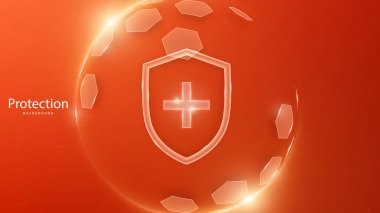 Koruma kalkanı. Sağlık hizmetleri. Sigortacılık. Mavi arkaplanda altıgen desenli şeffaf küre kalkanı içinde İşaretleme simgesi olan koruma kalkanı. 