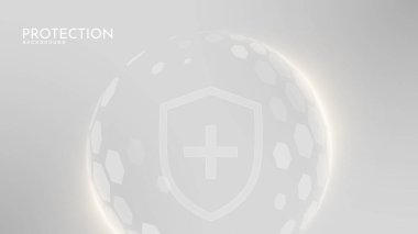 Koruma kalkanı. Sağlık hizmetleri. Sigortacılık. Mavi arkaplanda altıgen desenli şeffaf küre kalkanı içinde İşaretleme simgesi olan koruma kalkanı. 