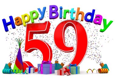 A big number with presents, confetti and the lettering Happy Birthday