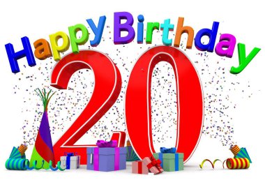 A big number with presents, confetti and the lettering Happy Birthday