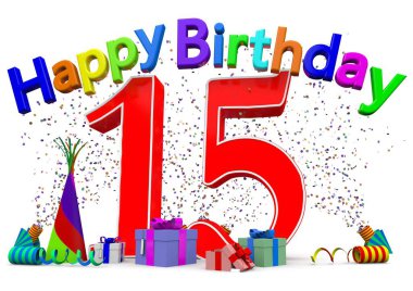 A big number with presents, confetti and the lettering Happy Birthday