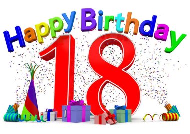 A big number with presents, confetti and the lettering Happy Birthday