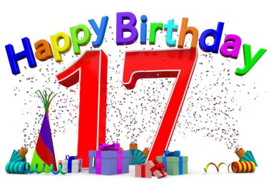 A big number with presents, confetti and the lettering Happy Birthday