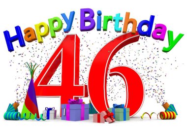 A big number with presents, confetti and the lettering Happy Birthday