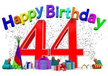 A big number with presents, confetti and the lettering Happy Birthday